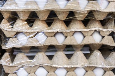 Beyaz yumurtaları şeffaf plastik ambalajla korunan karton yumurta kutularının yakın çekimi. Süpermarkette ya da depoda toptan gıda ambalajı..