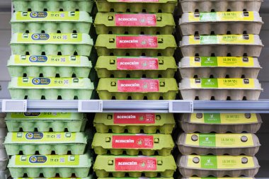 Yasensvit ve Kvochka gibi markaların karton yumurta kutuları perakende mağazalarında sergileniyor. Ukrayna süpermarketinde market alışverişi ve gıda tedarik kavramı.