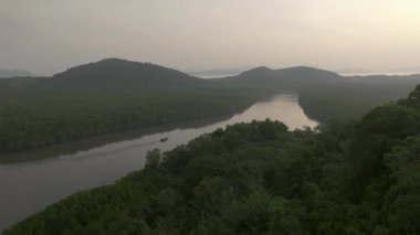 Yoğun yeşil ormanı kesen dolambaçlı bir nehrin havadan görünüşü ve gün doğumunda yuvarlanan tepeler, puslu gökyüzü ve sakin su, sakin doğal manzara..