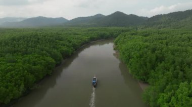 Koh Yao Yai, Tayland 'da tropik ada nehri ve uzun kuyruklu tekne.