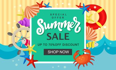 Yaz indirimi afişi şirin pastel denizcilerin şablonu.