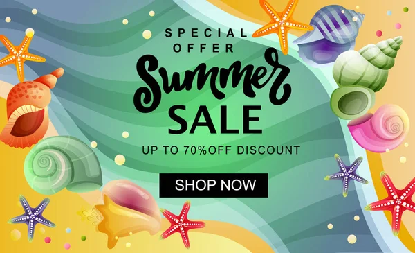 Summer Sale Banner Colorful Seashell — Stock Vector