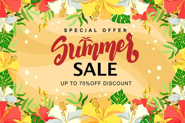 Summer Sale Banner Hibiscus Frame — Stock Vector