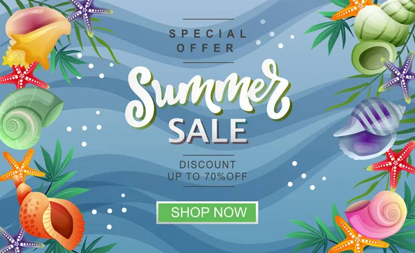 Summer Sale Banner Seashell Palm Leaves — Stock Vector