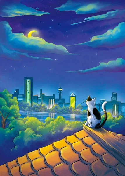 Měsíční Noc Cat Moon Městská Scéna Fantasy Backdrop Koncept Art — Stock fotografie
