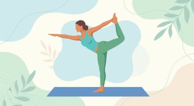 Yoga dengesi pozu, zindelik ve sağIık pratiği yapan kadın şeffaf arka planda izole edilmiş düz vektör çizimi