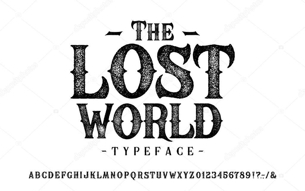 Font The Lost World. Craft retro vintage typeface design. Graphic display alphabet. Fantasy type letters. Latin characters, numbers. Vector illustration. Old badge, label, logo template.