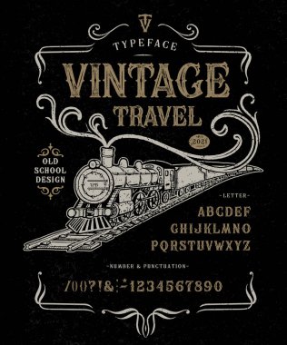 Vektör illüstrasyon Yazıtipi Vintage Seyahat Buharlı lokomotifi