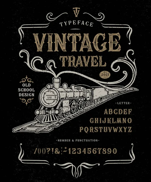 Vector illustration Font Vintage Travel Steam locomotive — Stock Vector