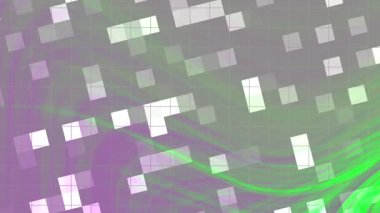 Twirl Blink Square soyut dijital animasyon girdap yeşil ve mor renklerin beyaz kare desenli hali, Video Stok telif hakkı.