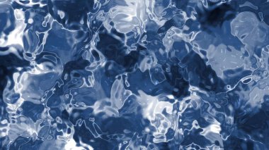 Soyut plastik su, soyut sıvı yüzey akış yansımaları ve canlı mavi arka plan animasyonu, beyaz arkaplan izole edilmiş