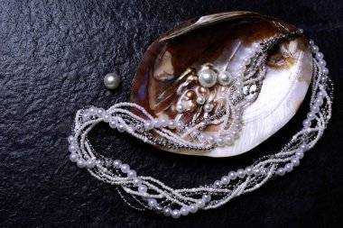 Siyah arkaplandaki kabuktaki inciler