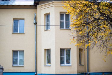 Binanın ön cephesi alçılanmış ve bej rengine boyanmış. Önünde sarı yapraklar olan sonbahar ağacı. Yüksek kalite fotoğraf