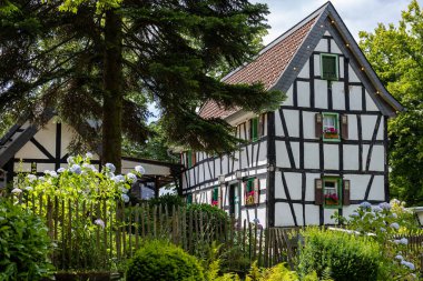 Geleneksel Yarı Kereste Avrupai Ev Bahçesi ve Yaz Yeşilliği. Yüksek kalite fotoğraf. Bahçenin yeşilliği ve yaz yapraklarıyla çevrili geleneksel yarı keresteli bir ev. Avrupa mirasını yansıtan huzurlu konut manzarası