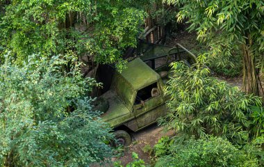 Terk edilmiş bir off-road aracı verimli tropikal bitki örtüsü tarafından ele geçirildi, insan yapımı teknolojiyi sembolize ediyor. Sürdürülebilirlik, çevre sorumluluğu, iklim farkındalığı ve yenilik ve yenilik arasındaki denge için güçlü görsel metafor