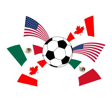 Amerika Birleşik Devletleri, Kanada ve Meksika 'nın ulusal bayraklarıyla çevrili klasik bir futbol topunun dinamik bir temsili. Bayraklar 2026 futbol turnuvasının ev sahibi ülkelerini temsil eden kıvrımlı ve enerjik bir düzende dizildi.