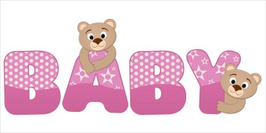 İki çizgi film çocuğu için vektör illüstrasyon, komik, meraklı ayılar, pembe renkli bir metnin arkasından dışarı bakıyorlar. Bebek desenli yıldızlar ve yuvarlak, beyaz arka planda, dizaynınız, oyuncaklarınız, kartlarınız için.