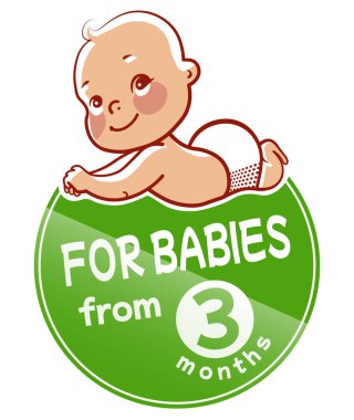 Çocuk bezi giymiş, yeşil arka planda, Paket Tasarımı için, 3 Ay ve Yaşlı, Güvenilir Bebek Bakımı Ürünleri Simgesi, Yuvarlak Onaylanmış Bebekler için Vektör İlülasyonu