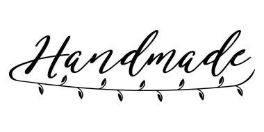 El yapımı ürünler için vektör yatay B & W siyah beyaz logo, ev yapımı mallar, beyaz arkaplan üzerinde izole, yaprak dekorasyonu, el yazısı metin