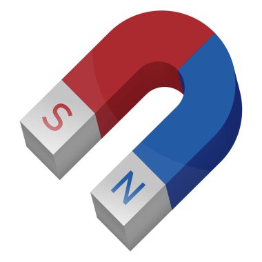 3D hacimli at nalı şeklindeki mıknatısın gri uçlu, gümüş uçlu, beyaz arkaplanlı, parıltılı, röfleli ve kutupların yazılı olduğu kırmızı ve mavi renkli vektör çizimi