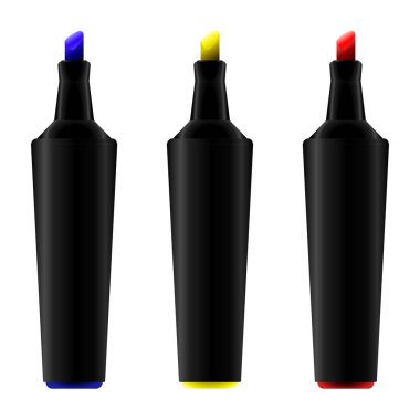 Çok renkli açık plastik fosforlu kalemler, beyaz arkaplanda işaretler