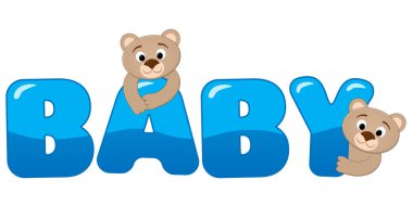 İki çizgi film çocuğu için vektör illüstrasyon, komik, meraklı ayılar, mavi renkli bir metnin arkasından beyaz arka planda, dizaynınız, oyuncaklarınız, kartlarınız, kartlarınız için 