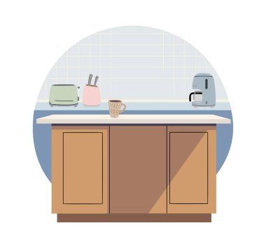 Pastel mutfak tezgahının düz vektör çizimi. Nane tost makinesi, kahve makinesi, döşeme kaplaması ve temiz, modern tarzda sıcak ahşap dolaplar..