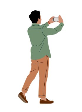 Arkadan akıllı telefonu yatay olarak tutarken görülen, sessiz yeşil ve kahverengi tonlar, temiz çizgiler ve modern grafik tarzı olan bir adamın minimum düz çizimi..