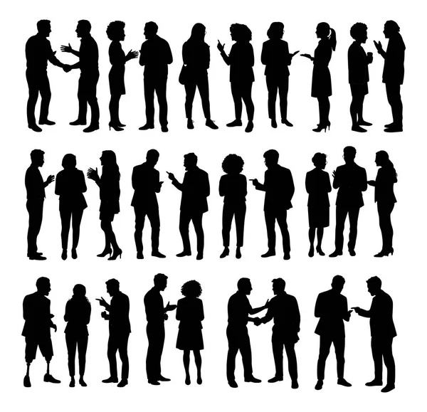 Ticari ve sosyal senaryolarla etkileşen, beyaz, çeşitli jestler ve duruşlar sergileyen, birbirinden izole insanların düz siluet çizimi.