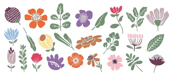 Şekillendirilmiş düz çiçek ve yaprakların toplanması beyaz üzerine düzenlenmiş, sessiz pasteller, toprak renkler ve dengeli dekoratif botanik kompozisyonda grafik şekiller içerir.