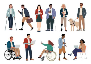 Profesyonel ve günlük pozlarda protez, tekerlekli sandalye ve hizmet köpekleri de dahil olmak üzere çeşitli engelli erkek ve kadınlar. Beyaz arkaplanda izole edilmiş vektör düz illüstrasyon
