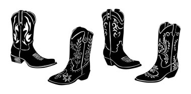 Kovboy kız çizmelerinin geleneksel batı süslemeleri ile siyah beyaz monokrom grafiği. Biçimlendirilmiş el çizimi vektör çizimi izole edildi