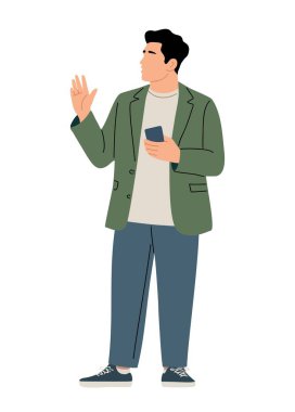 Yeşil ceketli, siyah pantolonlu, elinde akıllı telefon olan ve el sallayan bir adamın tam vücut düz vektörü. Profil görünümü, koyu renk saç, spor ayakkabılar, izole edilmiş.