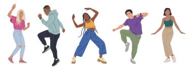 Doğal dinamik pozlarda dans eden beş farklı genç insandan oluşan tam vücut düz vektör kümesi. Modern günlük kıyafetlerle çok ırklı gençlik grubu beyaz arka planda izole edilmiş..