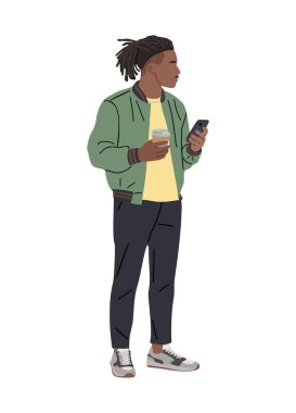 Bombacı ceketli, elinde kahve fincanı ve akıllı telefonuyla beyaz arka planda gelişigüzel duran siyahi bir adamın düz, stilize edilmiş bir resmi..