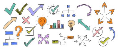 Parlak renkli simgeler düşünme ve karar verme yetilerini gösteriyor. Oklar, kontrol işaretleri ve ampuller fikirleri ve ilerlemeyi ifade eder. Grafikler ve akış çizelgeleri strateji ya da büyümeye işaret ediyor. Semboller berraklığı iletir