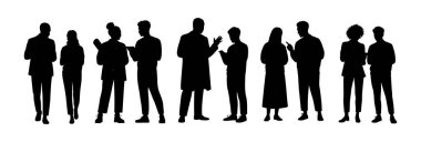 Siluetler, sohbette ya da toplantıda farklı insanları gösteriyor. Bazıları aktif olarak hareket eder, diğerleri dikkatle dinler. Grup, odak noktasında yan yana duruyor. İş ve takım çalışması için ideal.