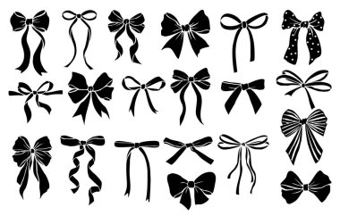 Black monochrome decorative coquette ribbon bows bundle. Holiday sign collection with ribbon symbols and accessory logos. Vector outline cut files isolated on transparent background.