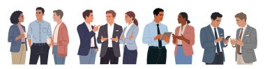 Set of four half body vector illustrations of diverse business professionals in informal meetings, coffee break discussions, and digital communication with tablet and smartphone