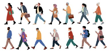 Farklı yaş ve ırktan bir grup insan, protez bacaklı, yürüyen ve akıllı telefonları kullanan biri, dizüstü bilgisayarlar, kahve fincanları ve torbalar, beyaz arka planda izole edilmiş düz vektör.