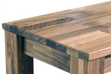 Tahta masa yüzeyi. Doğal ahşap eko mobilyalar. Yakın görüş. Katı tahta masa ve bacaklar.