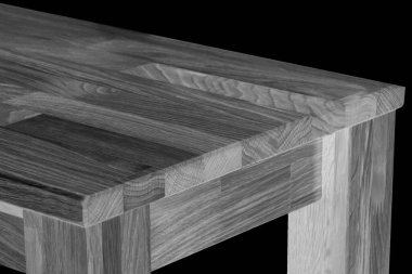 Tahta masa yüzeyi. Doğal ahşap eko mobilyalar. Yakın görüş. Katı tahta masa ve bacaklar.