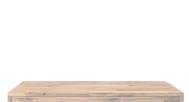Wooden table top surface isolated over white background. Solid wood furniture close view 3D illustration. Empty table top cooking presentation template