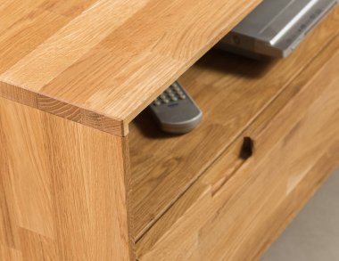 Drawers close view photo, wooden furniture elements background. Furniture details