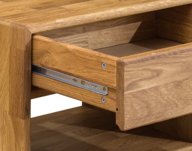 Drawer with a slider close view photo, wooden eco furniture elements background. Solid wood furniture details