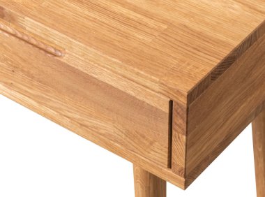 Wooden drawer close view photo, wooden eco furniture elements background. Solid wood table details