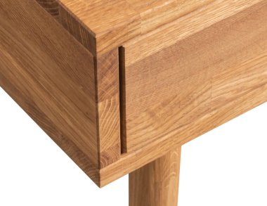 Wooden table corner with drawer and leg close view photo, wooden furniture background