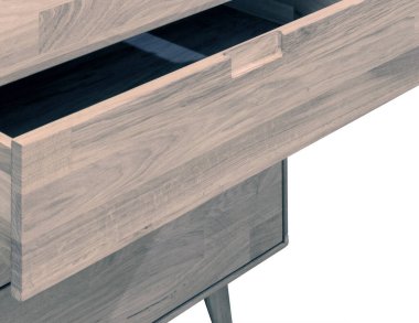 Drawers close view photo, wooden furniture elements background. Furniture details