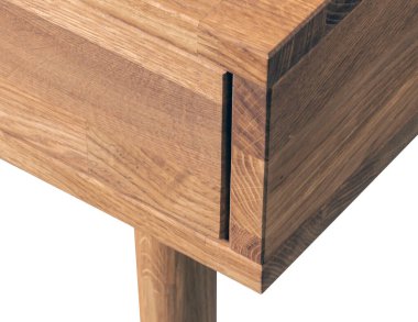 Wooden table corner with drawer and leg close view photo, wooden furniture background