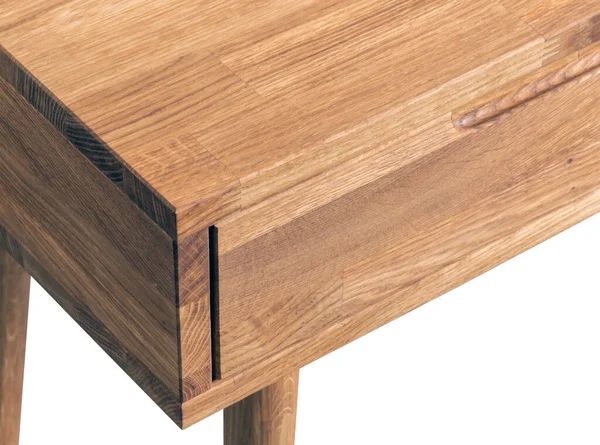 Wooden drawer close view photo, wooden eco furniture elements background. Solid wood table details